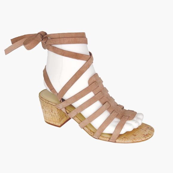 MARC FISHER "Riza" Leather Fisherman Cork Heel Ankle Wrap Sandals (Blush | 9M) - Picture 1 of 10